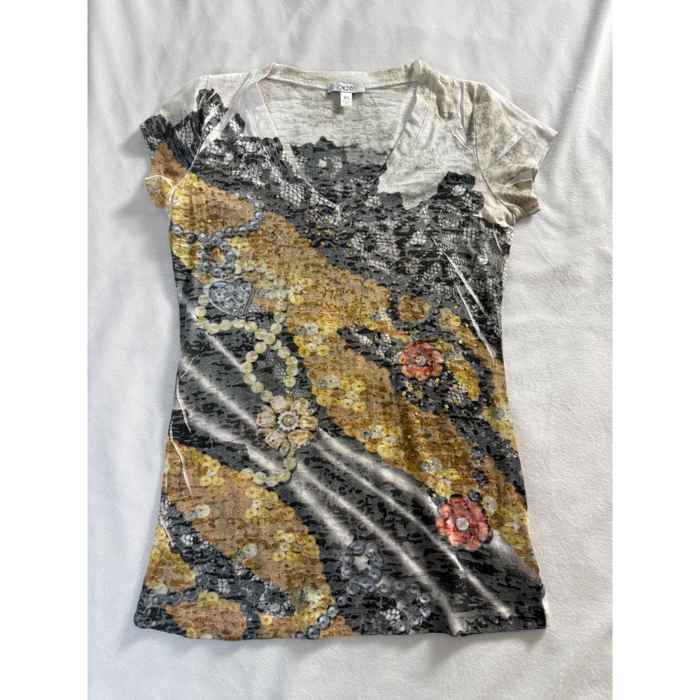 Cache Womens XS V-Neck Graphic Print Sequin Embellished Short Sleeve Top USA